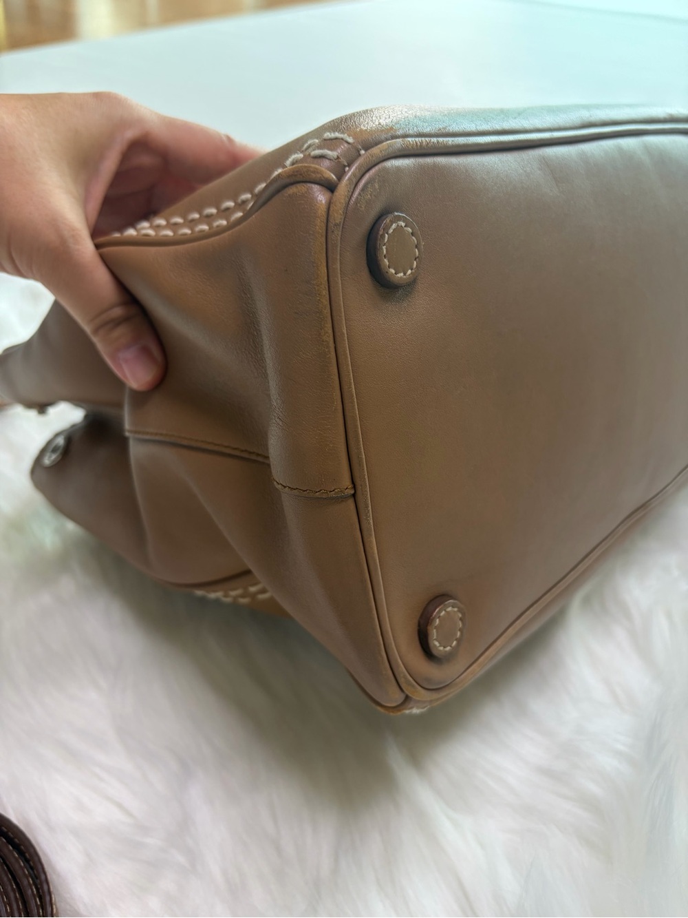Prada Tan Leather Satchel with Stitch Detailing - Picture 6 of 16